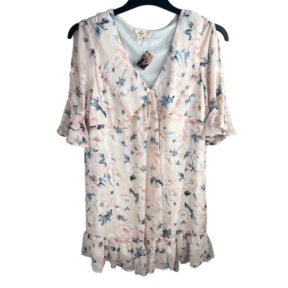 Entro Womens Floral Print Ruffle Hem Bell Short Sleeve Dress Size Large - Picture 1 of 12